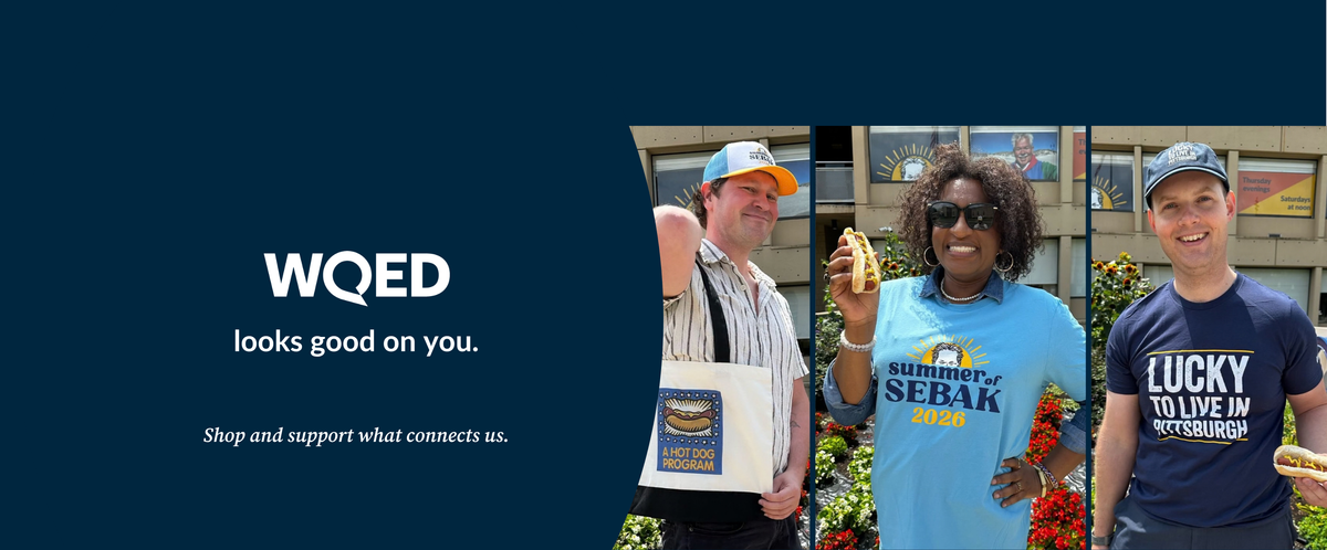 A promotional banner featuring three people wearing WQED apparel with text  reading 'WQED looks good on you. Shop and support what connects us."